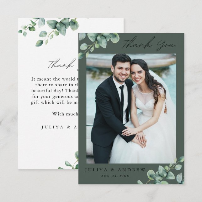 Carte de remerciements photo mariage Eucalyptus ve (Devant / Derrière)