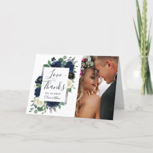 Carte De Remerciements Photo Mariage floral élégant bleu marine et argent