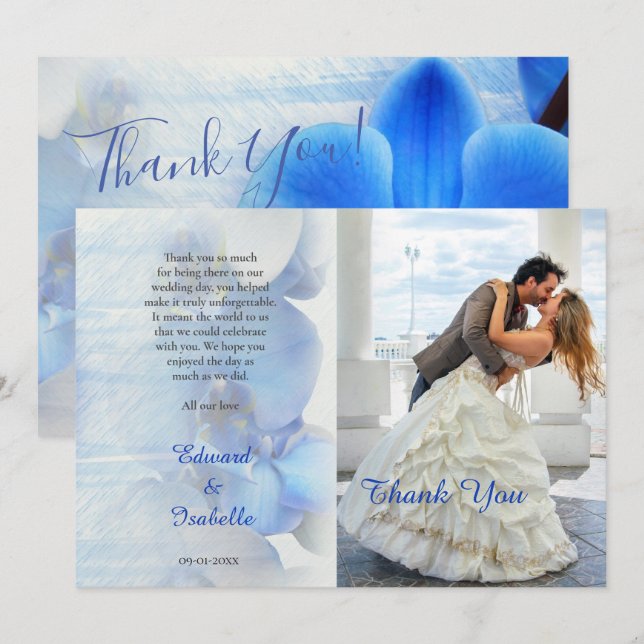 Carte De Remerciements Photo Mariage floral moderne Tropical Blue Orchid (Devant / Derrière)