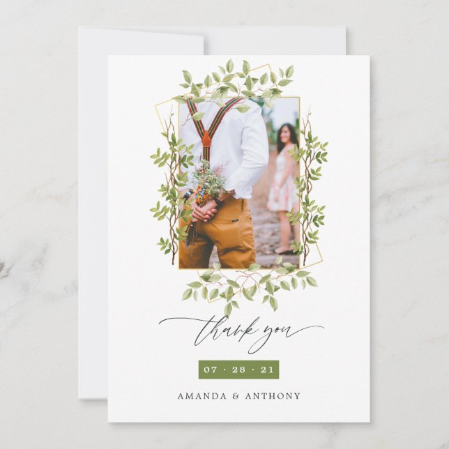 Carte De Remerciements Photo Mariage géométrique de la verdure forestière (Devant)