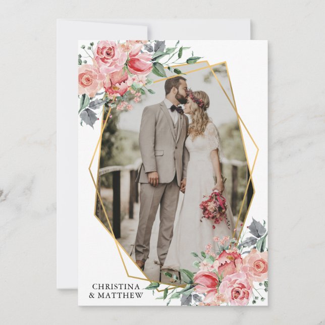 Carte De Remerciements PHOTO Mariage géométrique Floral moderne (Devant)