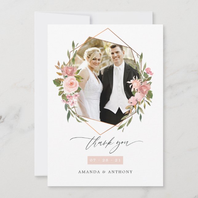Carte De Remerciements Photo Mariage géométrique rose Gold et Blush (Devant)