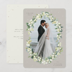 Carte De Remerciements Photo Mariage Greige/Crème Snowberry+Eucalyptus
