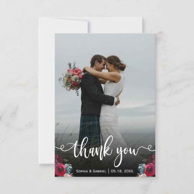 Carte de remerciements photo Mariage lettres main  (Devant)