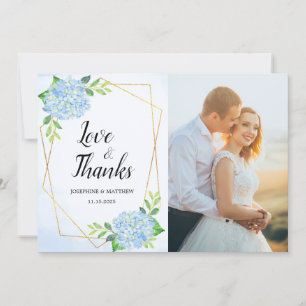 Carte De Remerciements Photo Mariage moderne géométrique Blue Hydrangea