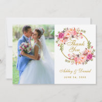 Carte de remerciements photo Mariage rose de couro