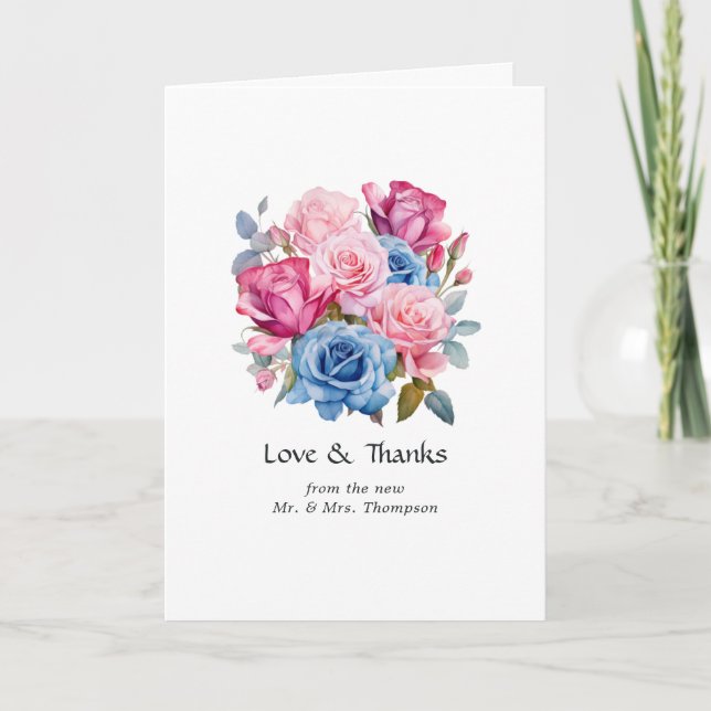 Carte De Remerciements Photo Mariage rose et bleu (Devant)