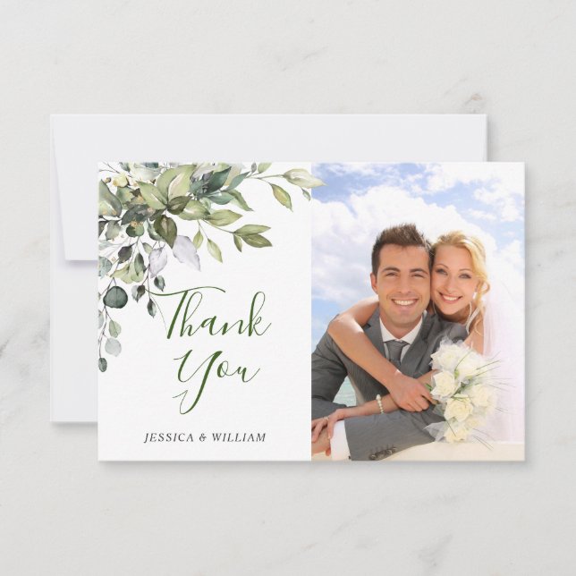 Carte De Remerciements PHOTO Mariage simple et élégante Eucalyptus (Devant)