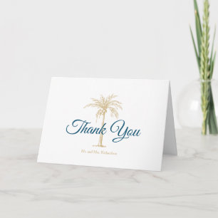Carte De Remerciements Photo Mariage Tropical Blue White Gold Palm Tree