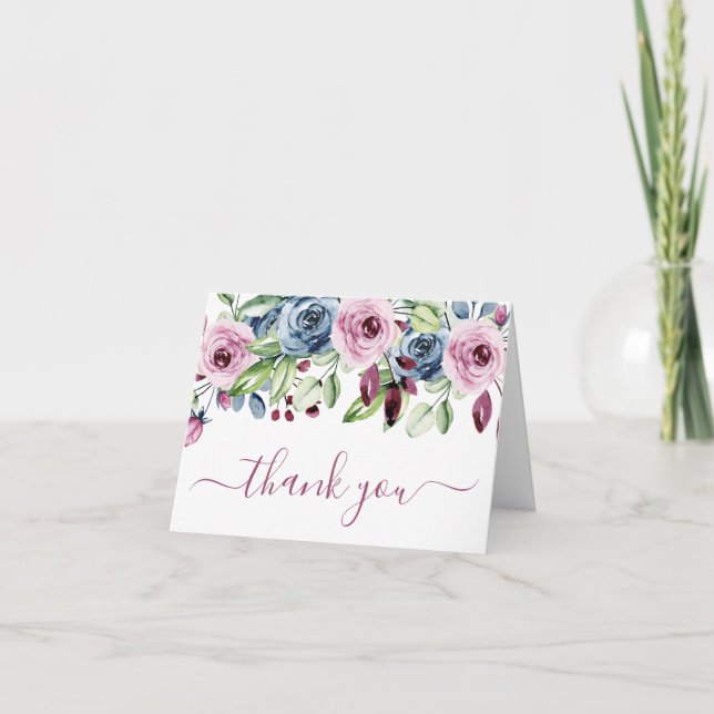 Carte De Remerciements Photo Marine Bleu Bourgogne Floral Mariage (Devant)
