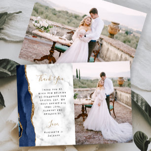 Carte De Remerciements Photo Marine Blue Agate Gold Script Mariage en mar