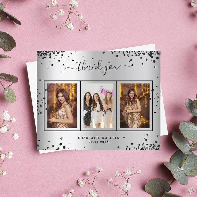 Carte de remerciements photo noir argent anniversa (Créateur téléchargé)