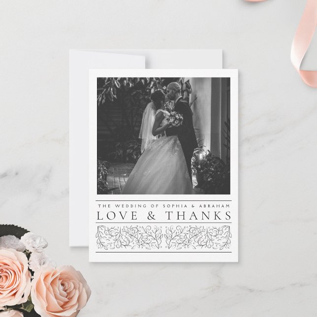 Carte De Remerciements Photo officielle Feuille noir blanc Mariage (Créateur téléchargé)