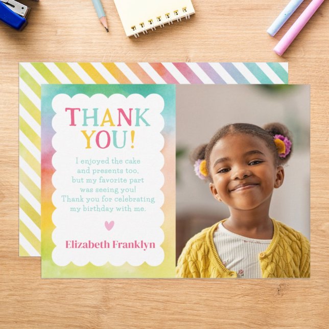 Carte De Remerciements Photo personnalisé de Kids sous aquarelle arc-en-c (Créateur téléchargé)
