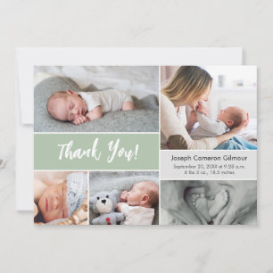 Carte De Remerciements Photo personnalisée moderne Soft Green Collage béb