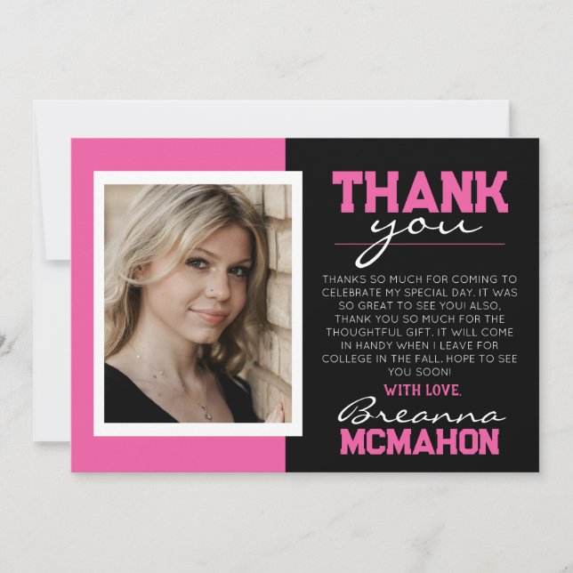 Carte de remerciements photo Pink & Black Graduati (Devant)