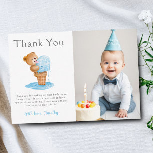 Carte De Remerciements Photo Premier anniversaire Garçon Teddy Ours Crème