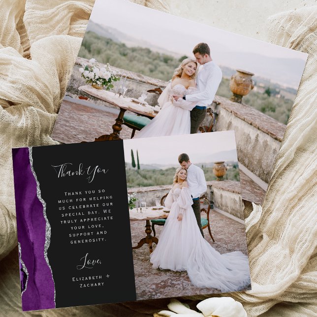 Carte De Remerciements Photo Purple Agate Argent Dark Script Mariage (Créateur téléchargé)