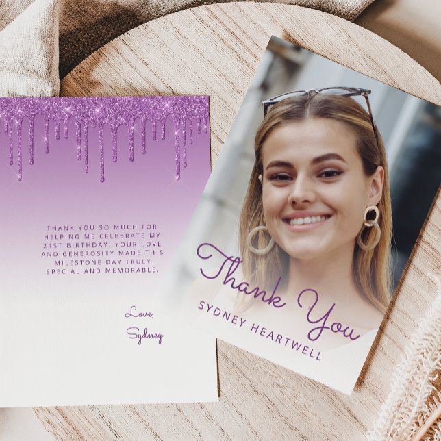 Carte De Remerciements Photo Purple Parties scintillant Drithday (Créateur téléchargé)