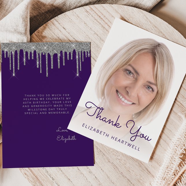 Carte De Remerciements Photo Purple Silver Parties scintillant Drip 40e a (Créateur téléchargé)