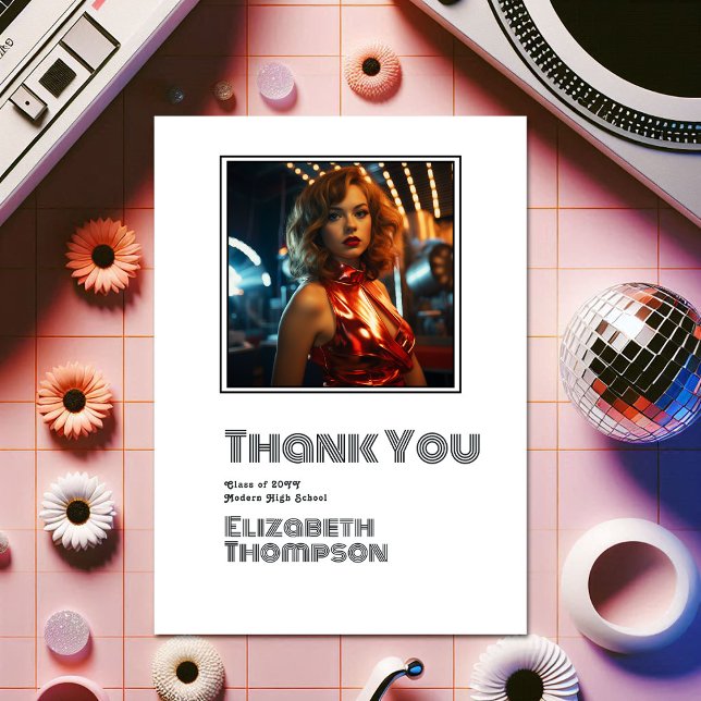 Carte De Remerciements Photo Retro Disco Graduation (Retro Disco Graduation Photo Thank You Card)