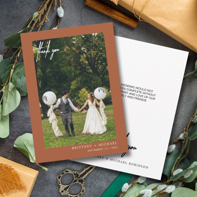 Carte De Remerciements Photo simple et moderne Terracotta (Modern elegant hand written wedding thank you card for the minimalistic bride.)