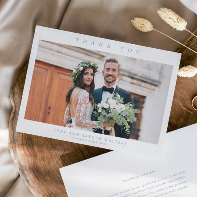 Carte De Remerciements Photo simple Mariage (Simple Dusty blue Wedding Photo Thank You Cards.)