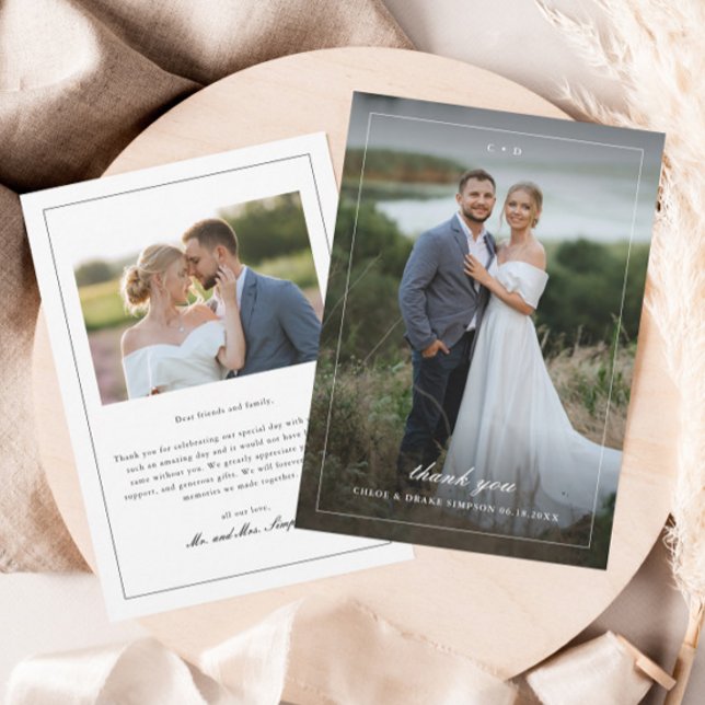 Carte De Remerciements Photo simple Mariage Portrait à fond (Simple Monogram Photo Wedding Thank You Card.)
