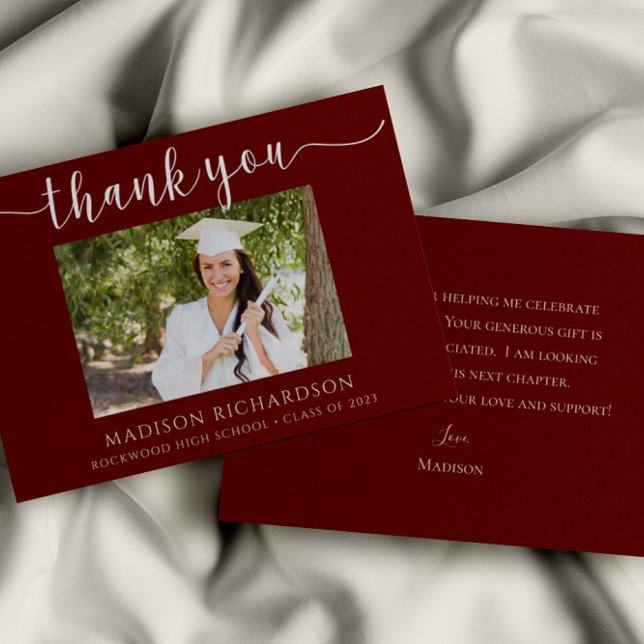 Carte De Remerciements Photo simple Maroon & White Graduation (Créateur téléchargé)