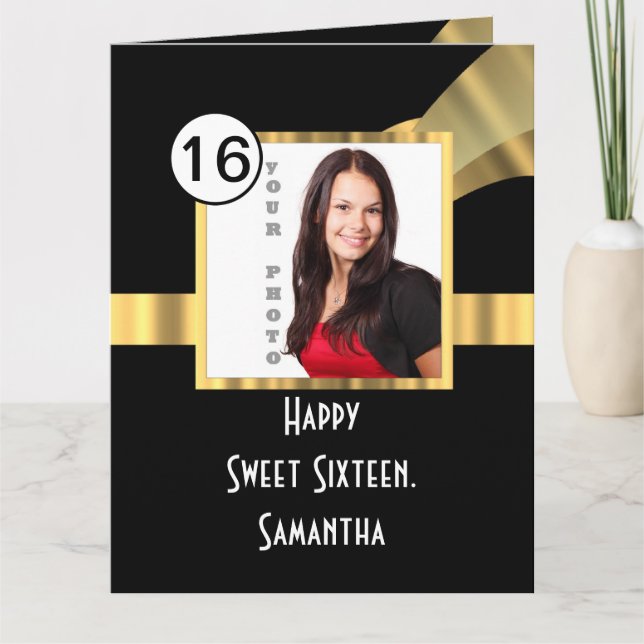 Carte De Remerciements Photo sweet sixteen noir et or (Devant)