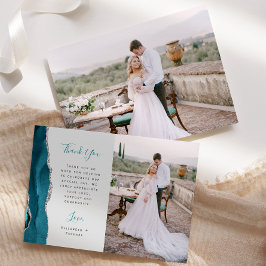 Carte De Remerciements Photo Teal Blue Agate Silver Script Gray Wedding