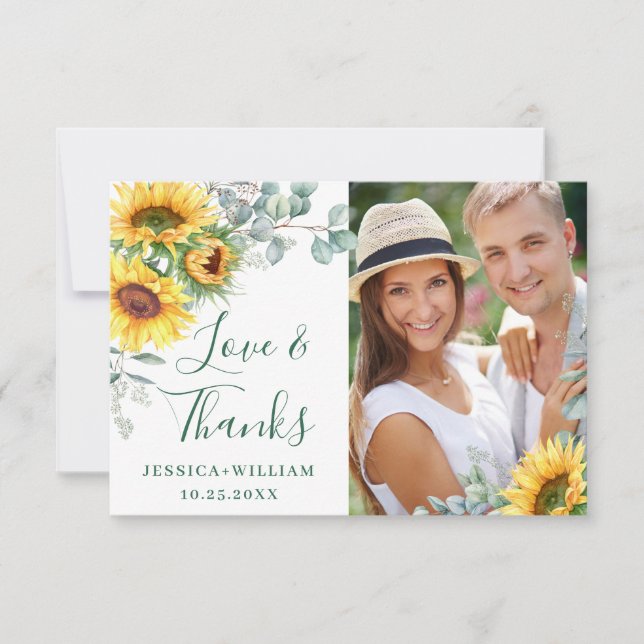 Carte De Remerciements PHOTO tournesol Eucalyptus Mariage rustique (Devant)