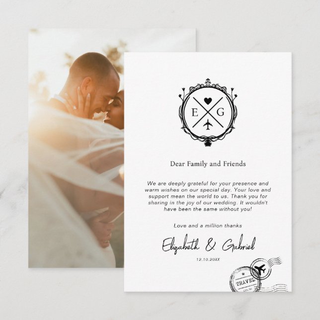 Carte De Remerciements Photo Voyage Destination Mariage Noir (Devant / Derrière)