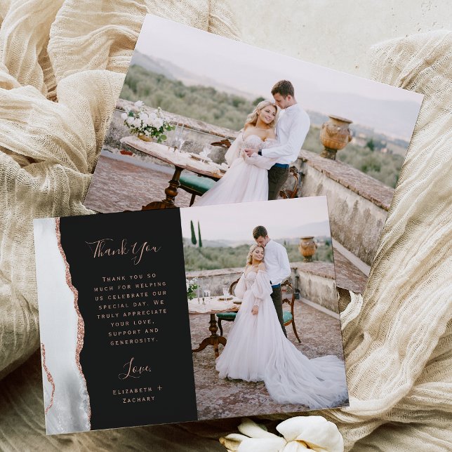 Carte De Remerciements Photo White Grey Agate Rose Gold Dark Mariage (Créateur téléchargé)