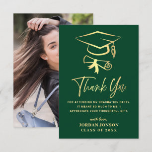 Carte De Remerciements Photographie de graduation moderne Gold Green