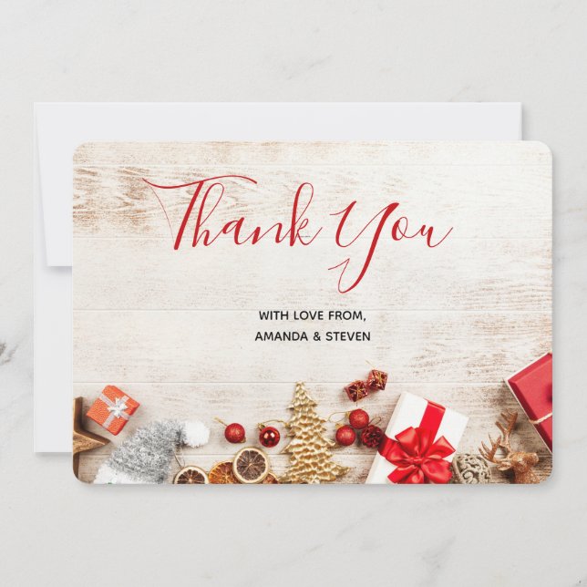 Carte De Remerciements Photographie en bois rustique avec objets de Noël (Devant)