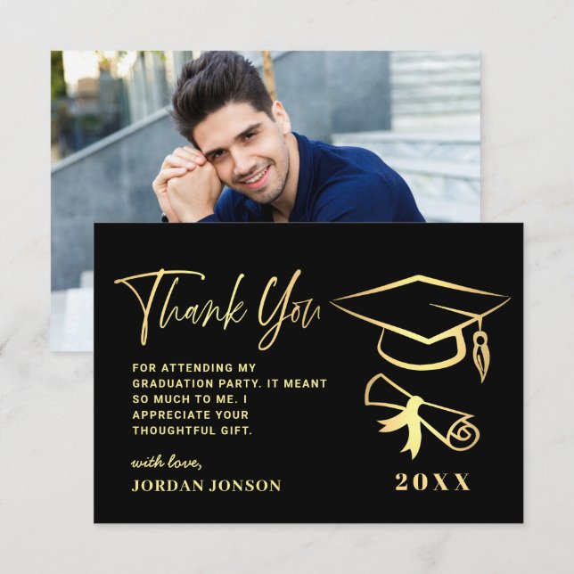Carte De Remerciements Photographie Gold Black Modern Graduation (Devant / Derrière)