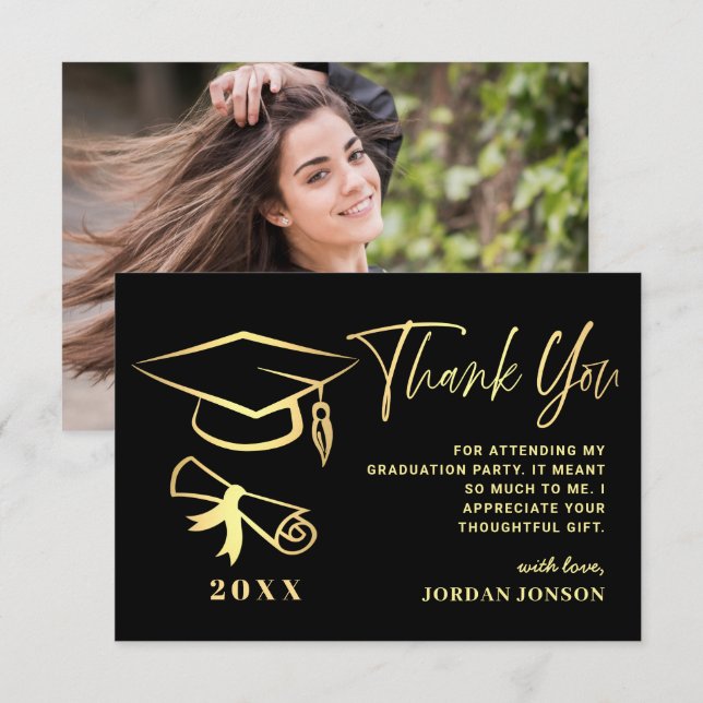 Carte De Remerciements Photographie Gold Black Modern Graduation (Devant / Derrière)