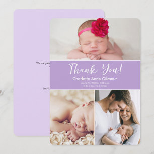 Carte De Remerciements Photos personnalisées Douce violet bébé fille Douc