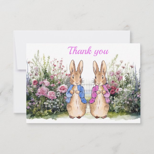 Carte De Remerciements Pierre et Flopsy dans leur jardin (Devant)