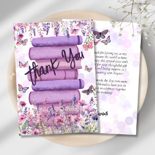 Carte De Remerciements Pile de livres violets Fleurs sauvages Papillons S