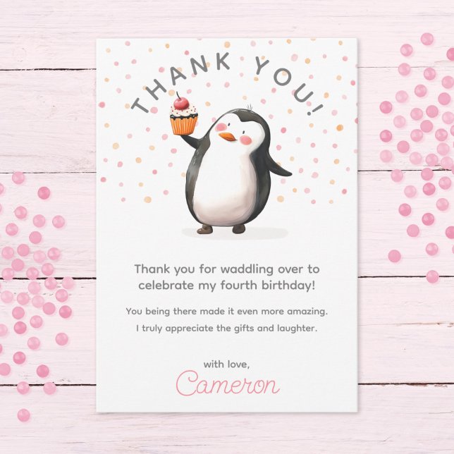 Carte De Remerciements Pingouin de cupcake rose célébration anniversaire  (Créateur téléchargé)