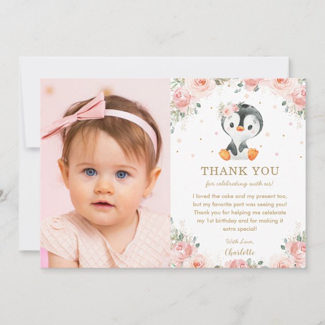 Carte De Remerciements Pingouin floral rose roux 1er anniversaire Photo (Devant)