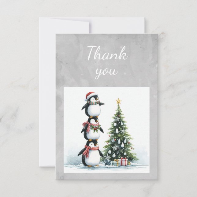 Carte De Remerciements Pingouins aquarelle décorant l'arbre de Noël (Devant)