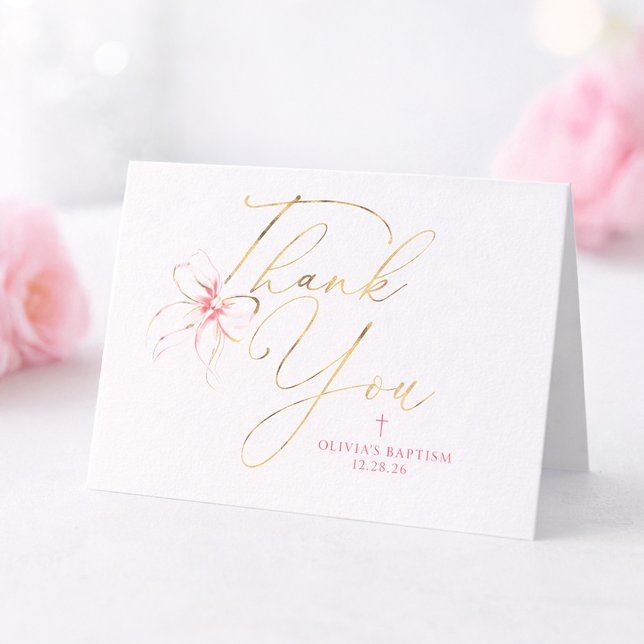 Carte De Remerciements Pink and Gold Bow Baptism Thank You (Pink Bow Thank You Greeting Card)