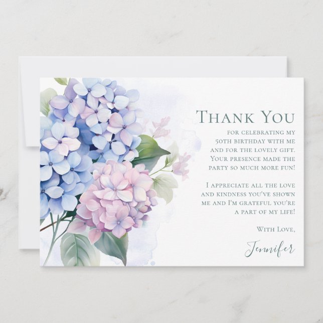 Carte De Remerciements Pink Blue Hydrangeas 50th Birthday  (Devant)