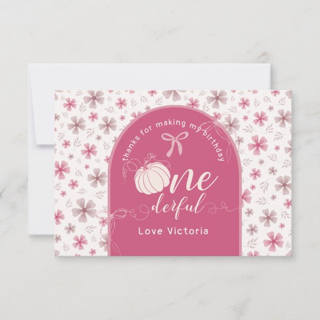 CARTE DE REMERCIEMENTS PINK BOW & ARCH FALL PUMPKIN FLOWERS BIRTHDAY (Devant)