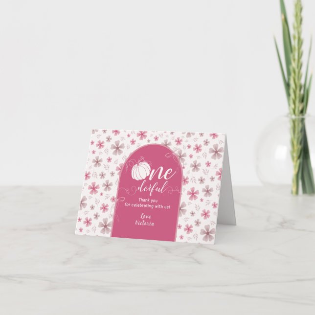 CARTE DE REMERCIEMENTS PINK BOW & ARCH FALL PUMPKIN FLOWERS BIRTHDAY (Devant)
