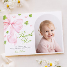 Pink Bow Lucky One Birthday Flat Thank You Card