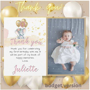 Carte De Remerciements Pink BUDGET Elephant photo premier anniversaire fi